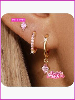 Gold Hoop Earrings Set - 3 Pairs Huggies with CZ Studs - Hypoallergenic